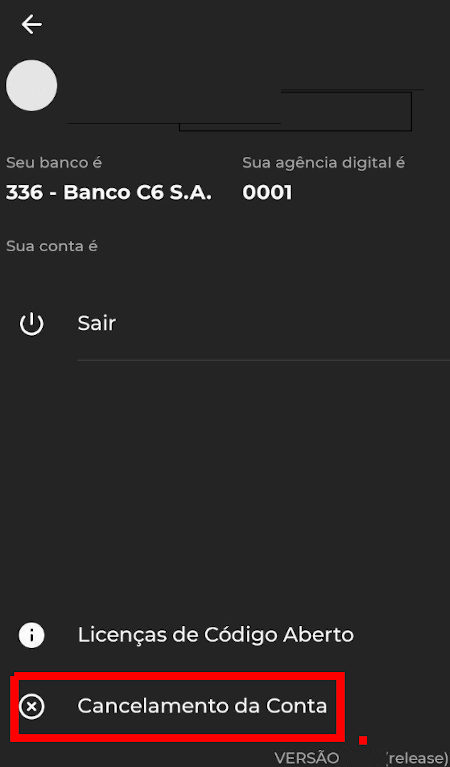 Cancelamento de conta no C6 Bank pelo aplicativo