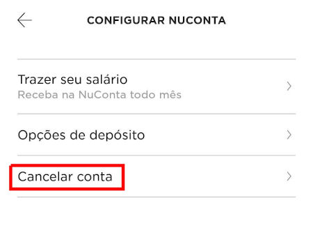 Tela de cancelamento da NuConta