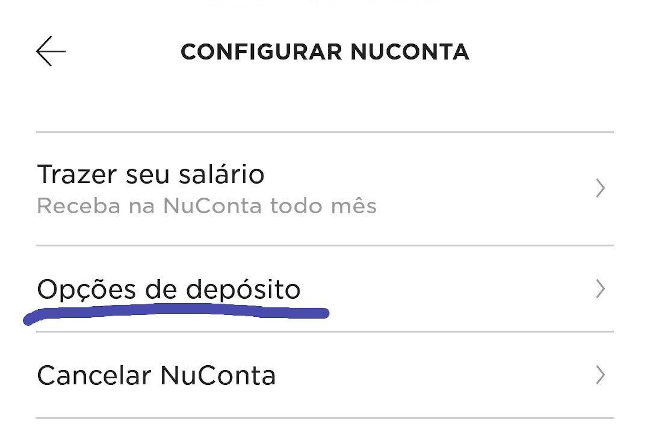 Área de configuração de investimentos da NuConta do Nubank no aplicativo